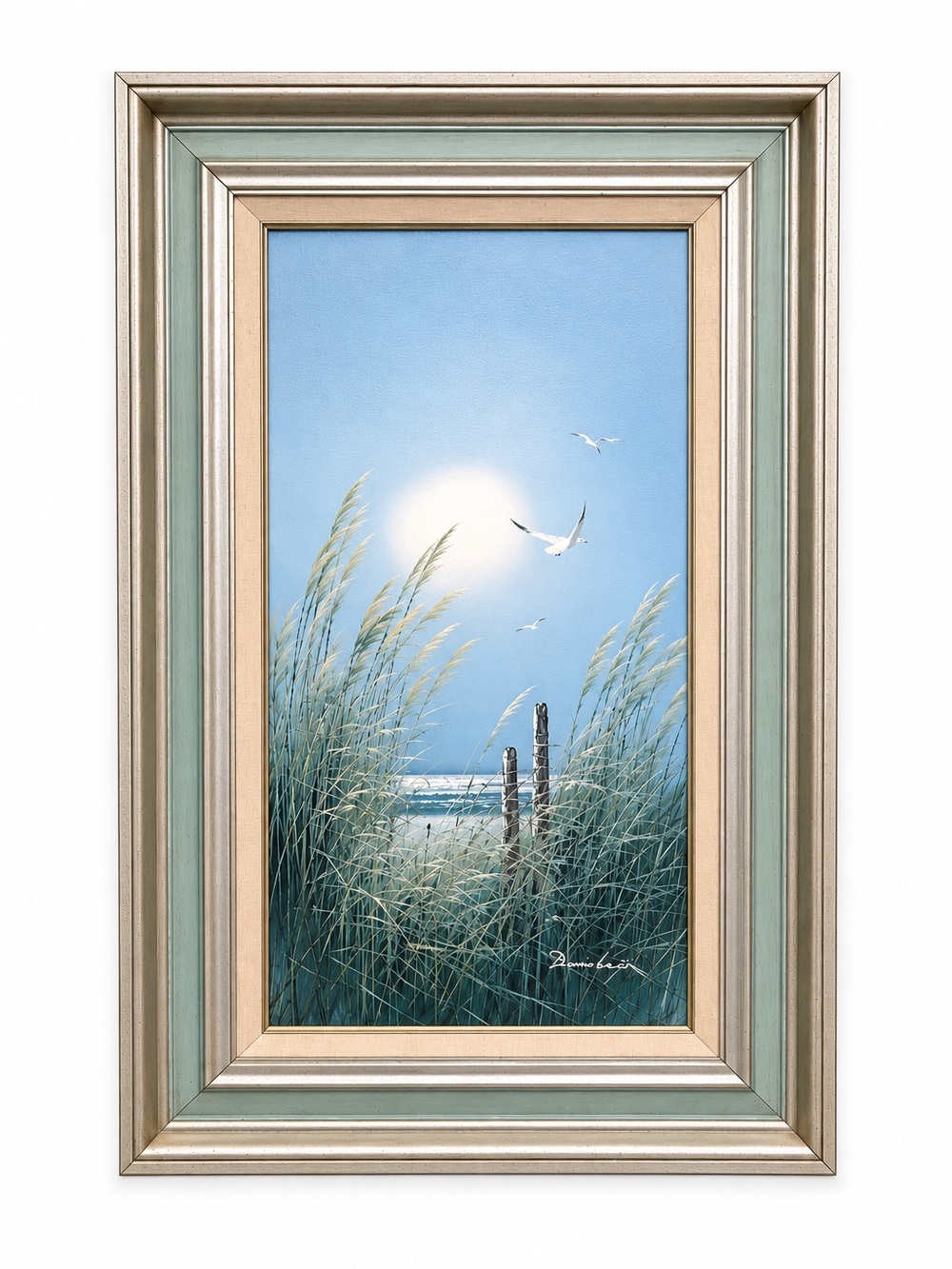 Original Coastal Seascape Oil Painting Beach & Seagull Signed Unframed 12” x 24”